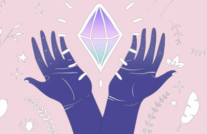 drawing of hands under a glowing floating crystal